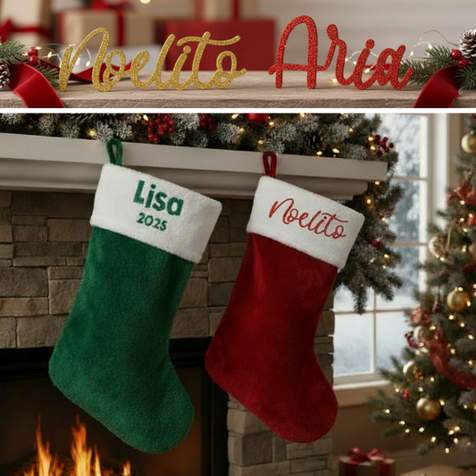 Bundle Stocking AND Wood Name: Christmas Stocking Personalized With Name & Glitter Laser-Cut Name Bundle