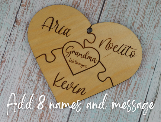 Family Wooden Heart Gift – Engraved with 8 Names & Special Message